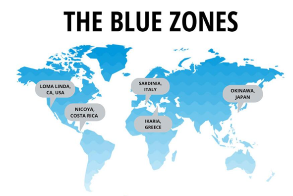mapa světa s vyznačenými místy modrých zón
