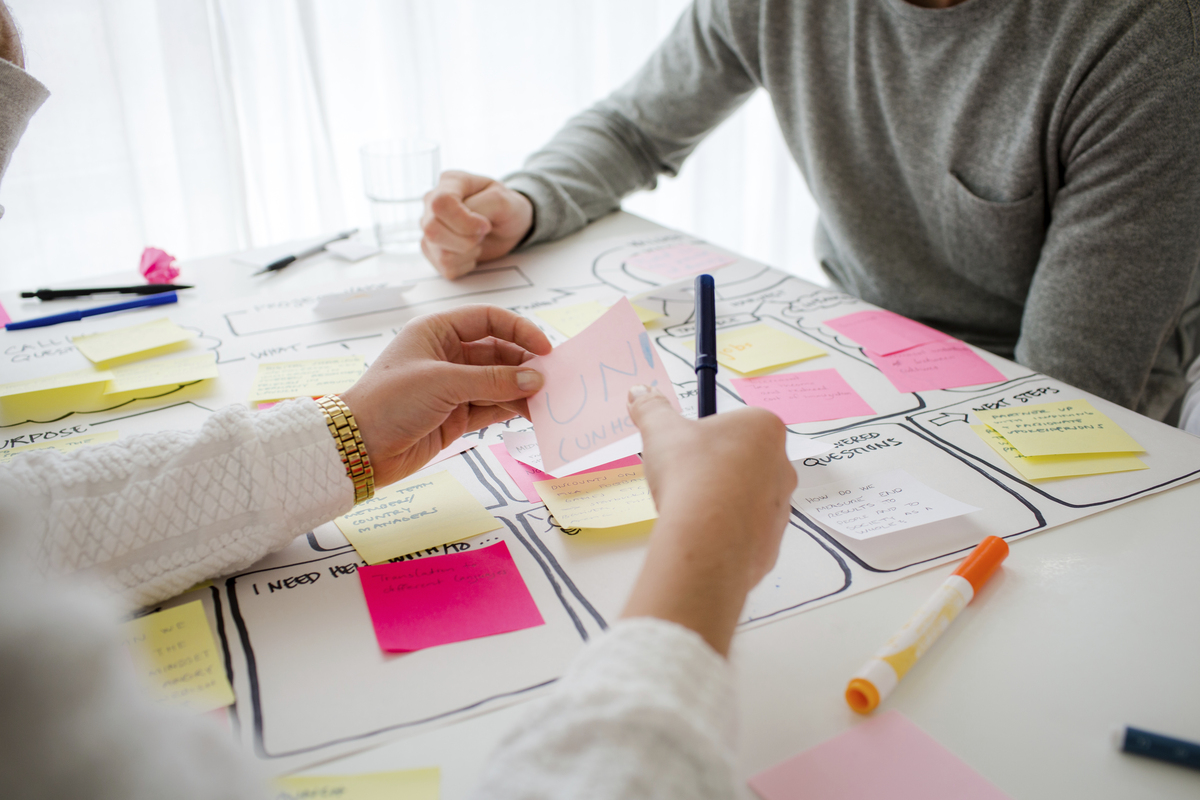 dva studenti u stolu plného barevně rozlišených poznámek k učení