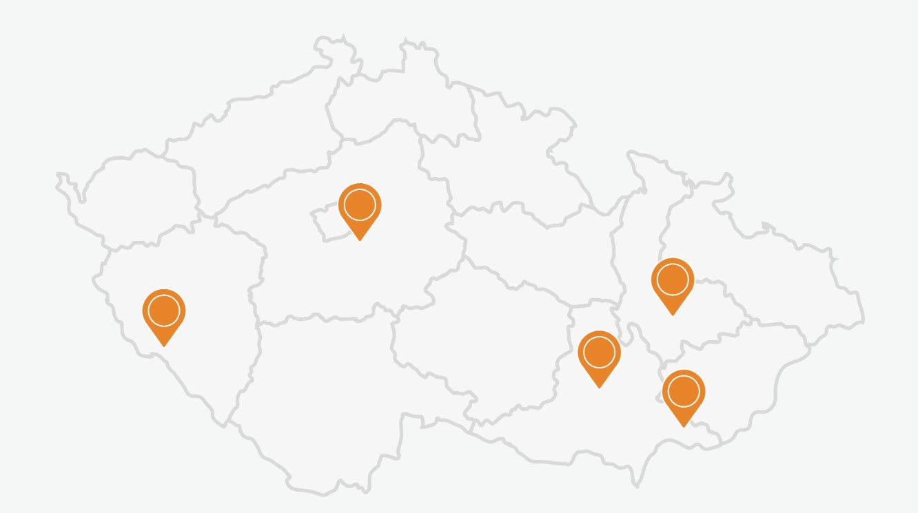 mapa ČR s vyznačenými místy působení pečovatelské služby Sestřička.cz